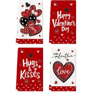 Artoid Mode Red Polka Dot Love Heart Valentine’s Kitchen Towels Dish Towels, 18×26 Inch Anniversary Wedding Decoration Cleaning Set of 4(Red)
