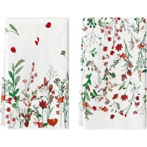 Artoid Mode Red Wildflower Floral Valentine’s Kitchen Towels Dish Towels, 18×26 Inch Anniversary Wedding Decoration Cleaning Set of 2(Green/Red)