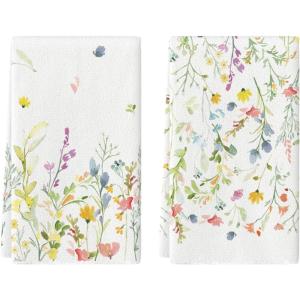 Artoid Mode Red Wildflower Floral Valentine’s Kitchen Towels Dish Towels, 18×26 Inch Anniversary Wedding Decoration Cleaning Set of 2(Yellow/Blue)