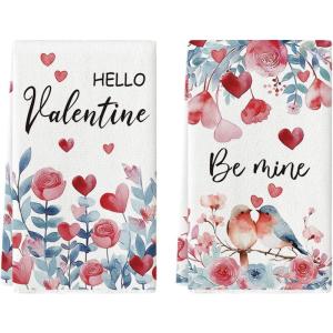 Artoid Mode Rose Floral Love Heart Bird Valentine’s Kitchen Towels Dish Towels, 18×26 Inch Anniversary Wedding Decoration Cleaning Set of 2