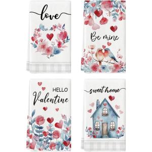 Artoid Mode Rose Floral Love Heart House Bird Valentine’s Kitchen Towels Dish Towels, 18×26 Inch Farmhouse Wedding Decoration Cleaning Set of 4