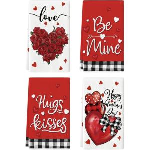 Artoid Mode Rose Floral Love Heart Kiss Valentine’s Kitchen Towels Dish Towels, 18×26 Inch Anniversary Wedding Decoration Cleaning Set of 4