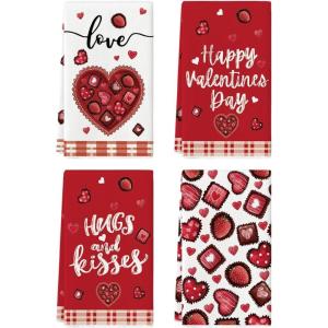 Artoid Mode Strawberry Chocolate Love Heart Valentine’s Kitchen Towels Dish Towels, 18×26 Inch Wedding Anniversary Decoration Cleaning Set of 4