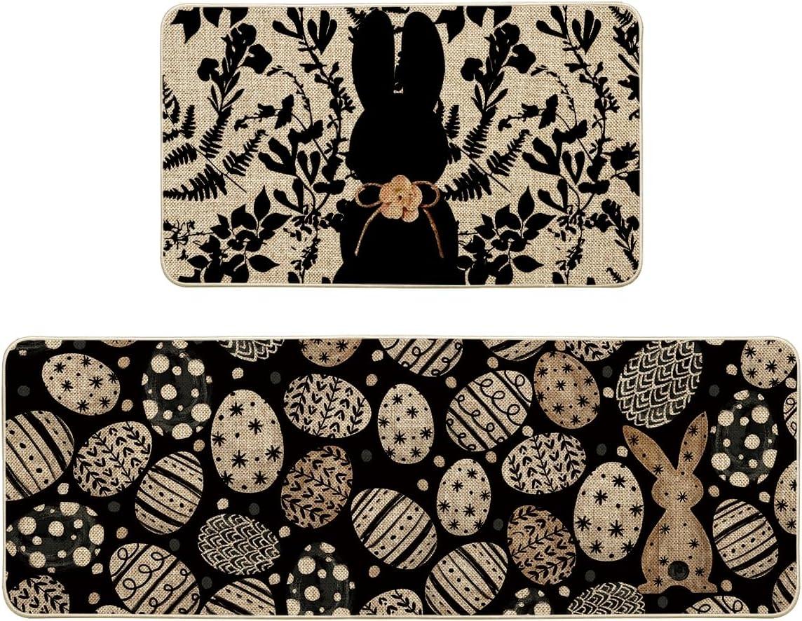 image:imageArtoid Mode Pink Bunny Egg Leaves Easter Kitchen Mats Set of 2 Spring Home Decor LowProfile Kitchen Rugs for Floor 17x29 and 17x47 InchBlack