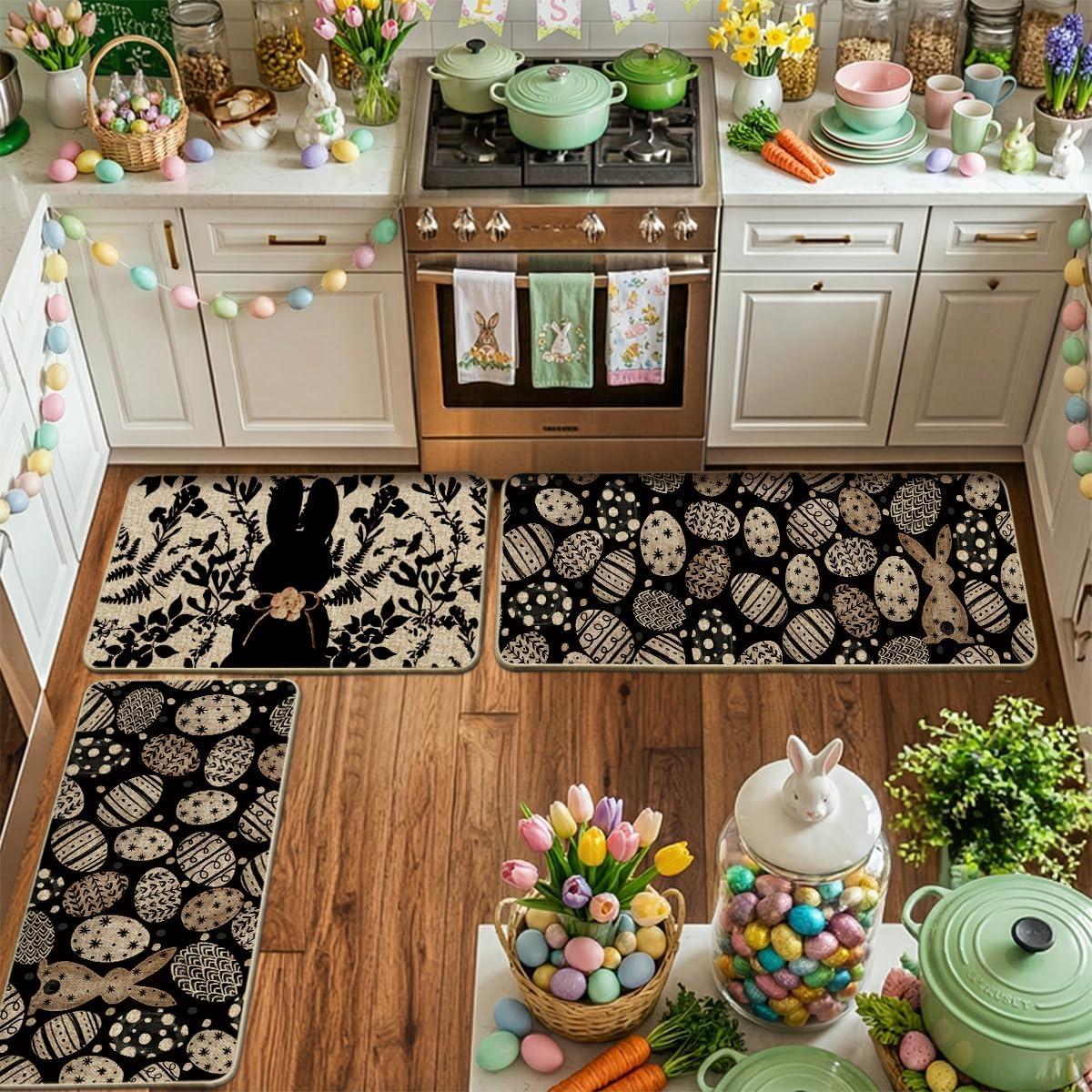 image:imageArtoid Mode Pink Bunny Egg Leaves Easter Kitchen Mats Set of 2 Spring Home Decor LowProfile Kitchen Rugs for Floor 17x29 and 17x47 InchBlack