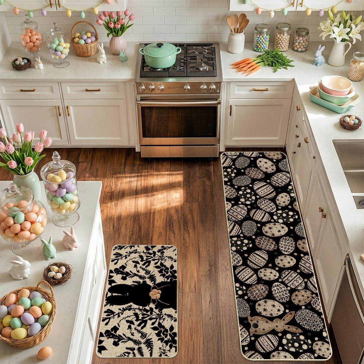 image:imageArtoid Mode Pink Bunny Egg Leaves Easter Kitchen Mats Set of 2 Spring Home Decor LowProfile Kitchen Rugs for Floor 17x29 and 17x47 InchBlack
