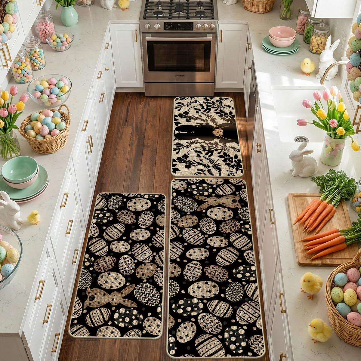 image:imageArtoid Mode Pink Bunny Egg Leaves Easter Kitchen Mats Set of 2 Spring Home Decor LowProfile Kitchen Rugs for Floor 17x29 and 17x47 InchBlack