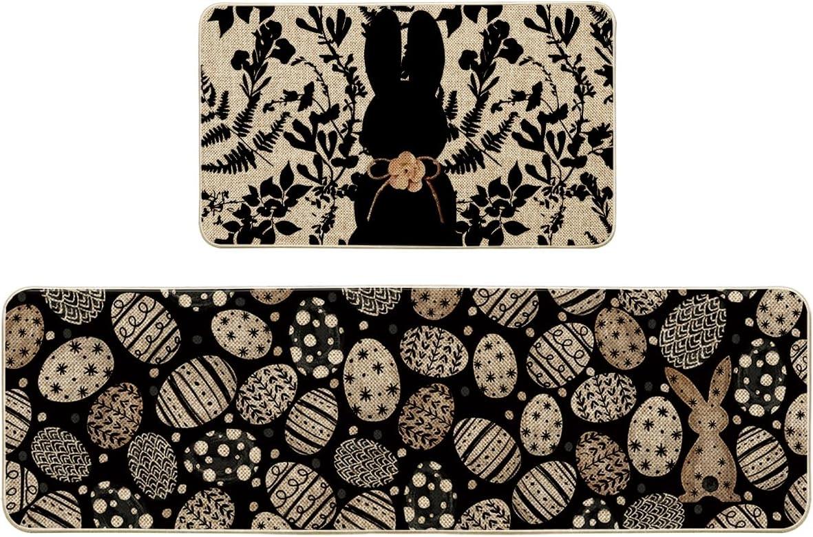 image:imageArtoid Mode Pink Bunny Egg Leaves Easter Kitchen Mats Set of 2 Spring Home Decor LowProfile Kitchen Rugs for Floor 17x29 and 17x47 InchBlack
