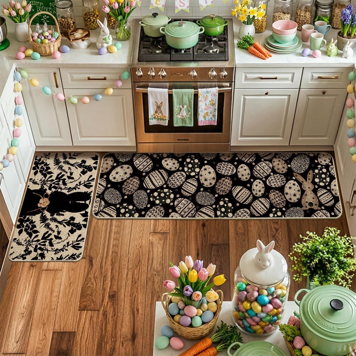 image:imageArtoid Mode Pink Bunny Egg Leaves Easter Kitchen Mats Set of 2 Spring Home Decor LowProfile Kitchen Rugs for Floor 17x29 and 17x47 InchBlack