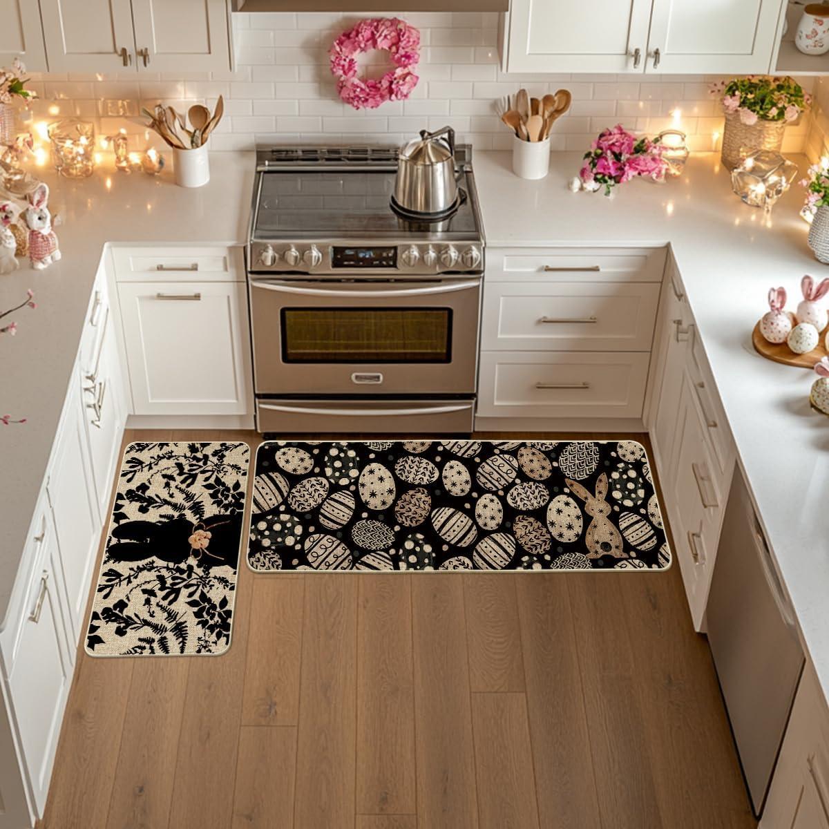 image:imageArtoid Mode Pink Bunny Egg Leaves Easter Kitchen Mats Set of 2 Spring Home Decor LowProfile Kitchen Rugs for Floor 17x29 and 17x47 InchBlack