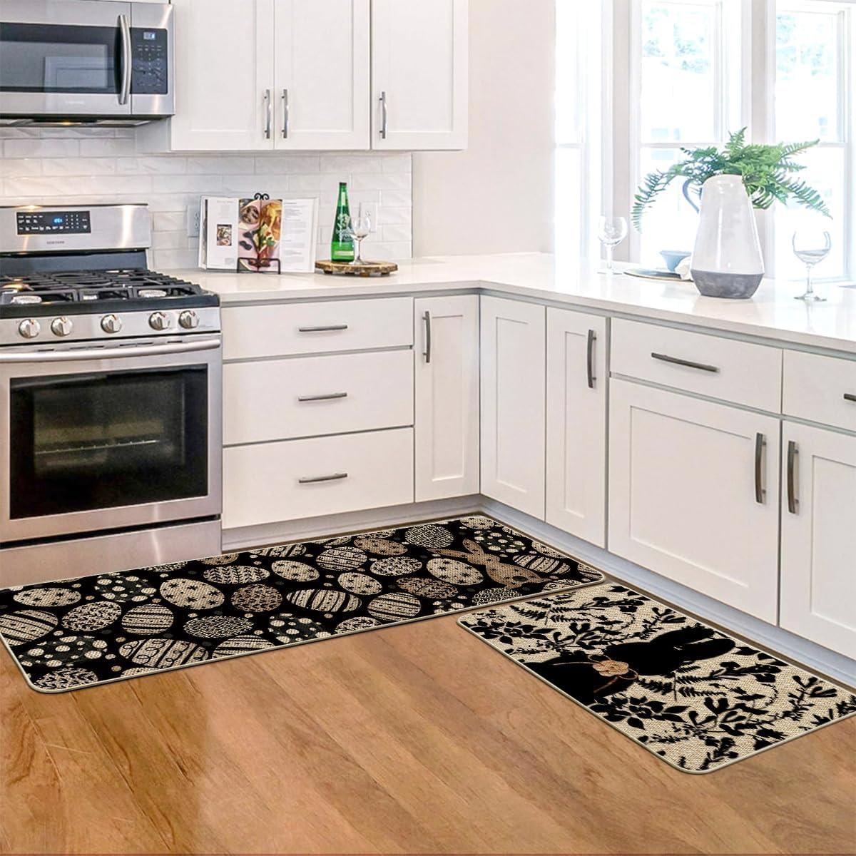 image:imageArtoid Mode Pink Bunny Egg Leaves Easter Kitchen Mats Set of 2 Spring Home Decor LowProfile Kitchen Rugs for Floor 17x29 and 17x47 InchBlack