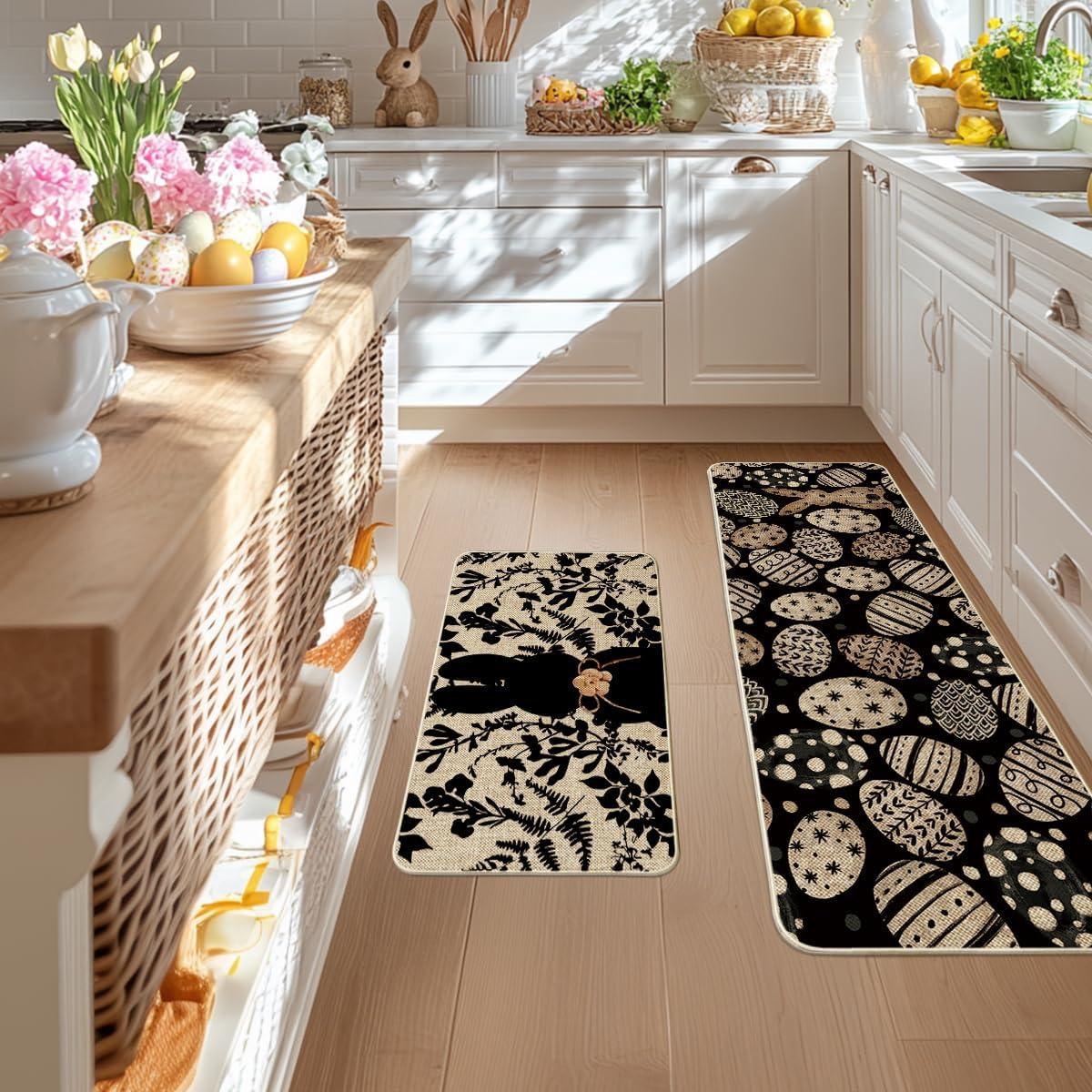 image:imageArtoid Mode Pink Bunny Egg Leaves Easter Kitchen Mats Set of 2 Spring Home Decor LowProfile Kitchen Rugs for Floor 17x29 and 17x47 InchBlack