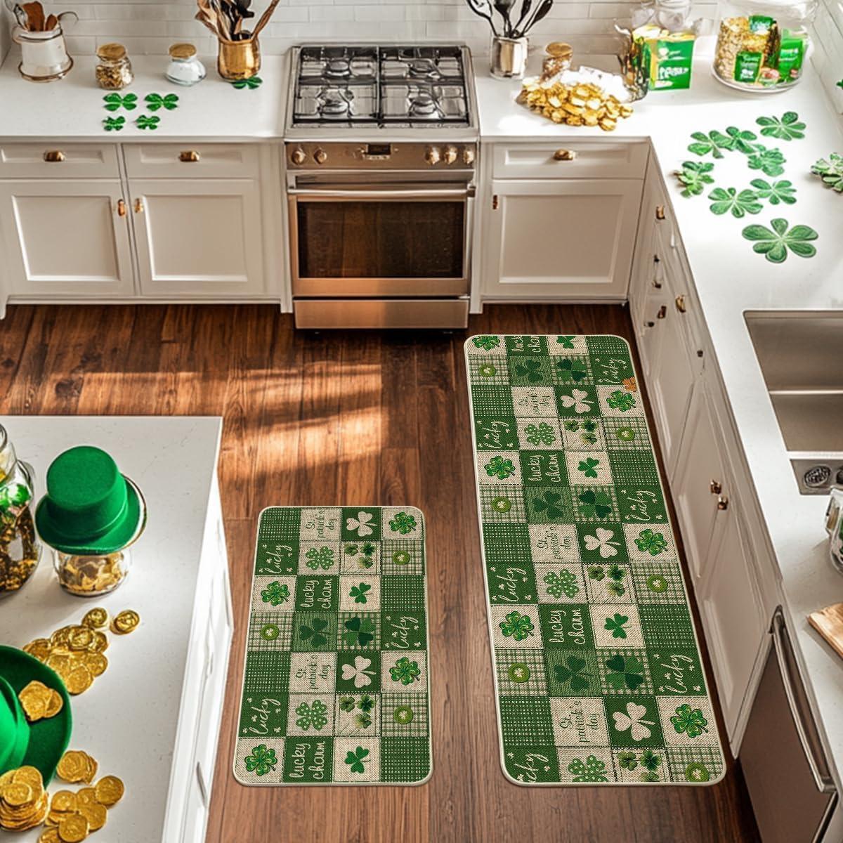 image:imageArtoid Mode Plaid Shamrock Lucky Charm St Patricks Day Kitchen Mats Set of 2 Home Decor LowProfile Kitchen Rugs for Floor 17x29 and 17x47 Inch