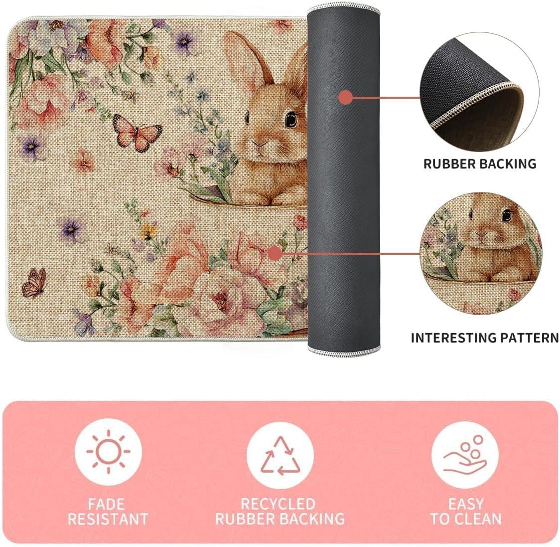 image:imageArtoid Mode Rabbit Bunny Butterfly Flowers Cup Eggs Easter Kitchen Mats Set of 2 Spring Home Decor Kitchen Rugs for Floor 17x29 and 17x47 Inch