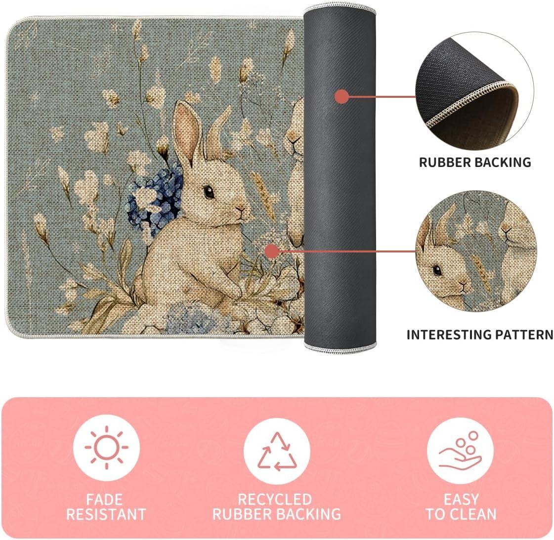 image:imageArtoid Mode Rabbit Flowers Bunny Easter Kitchen Mats Set of 2 Spring Home Decor LowProfile Kitchen Rugs for Floor 17x29 and 17x47 InchBlue