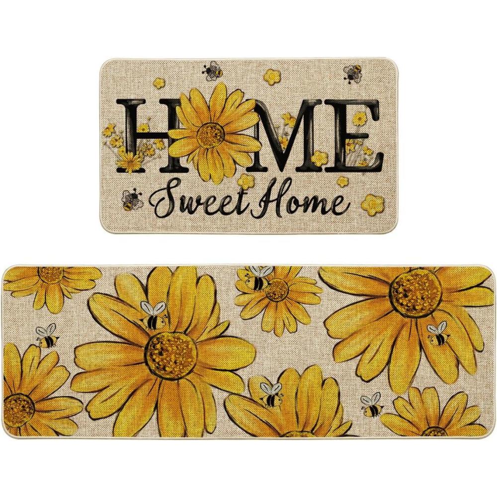 image:imageArtoid Mode Beige Bee Sunflower Daisy Home Spring Kitchen Mats Set of 2 Summer Home Decor LowProfile Kitchen Rugs for Floor 17x29 and 17x47 InchBeige