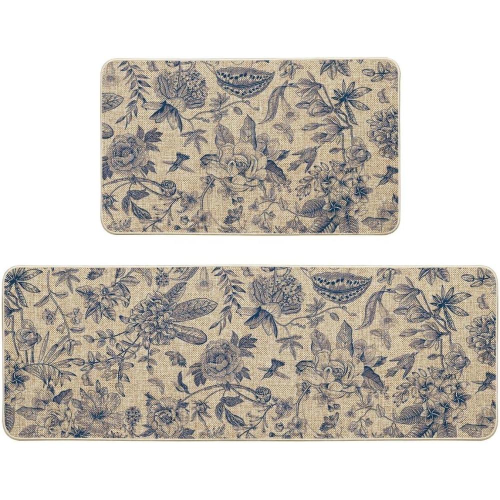 image:imageArtoid Mode Blue Floral Flowers Spring Kitchen Mats Set of 2 Home Decor LowProfile Kitchen Rugs for Floor 17x29 and 17x47 Inch