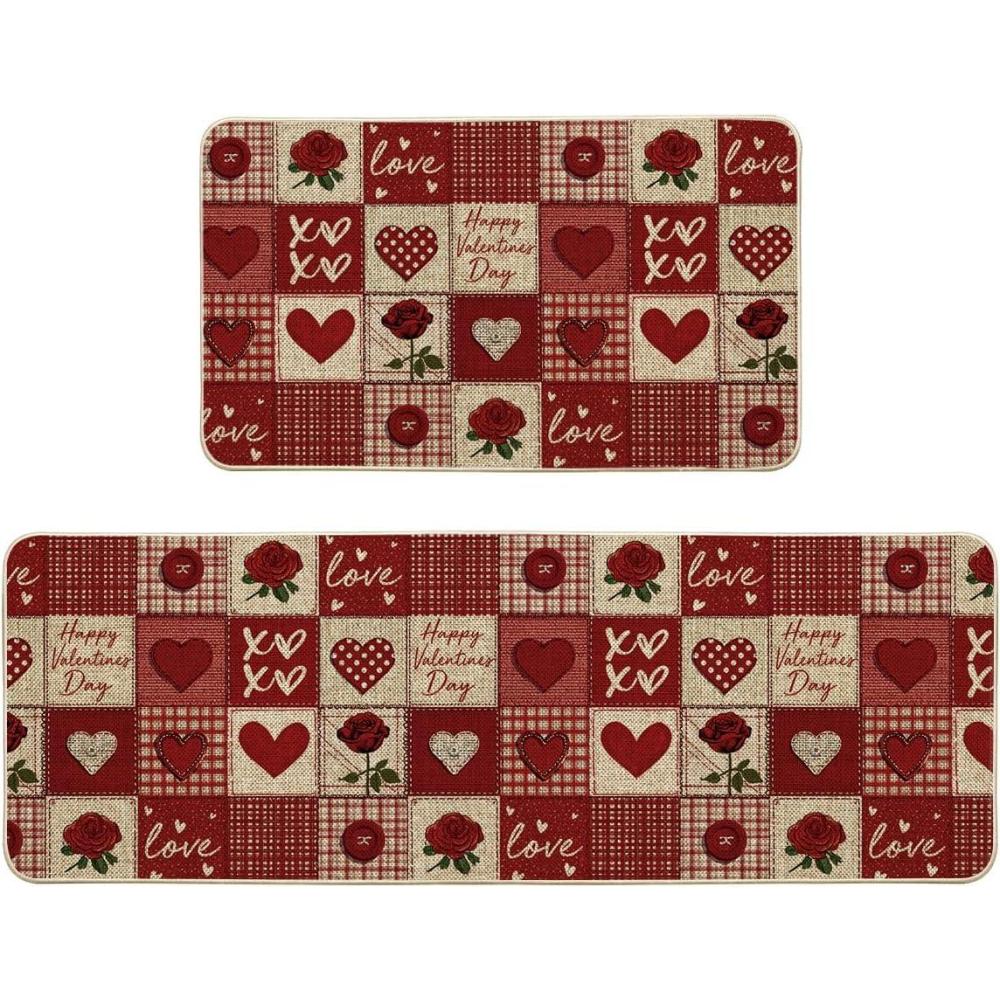 image:imageArtoid Mode Buffalo Plaid Love Hearts Valentines Kitchen Mats Set of 2 LowProfile Home Decor Kitchen Rugs for Floor 17x29 and 17x47 Inch
