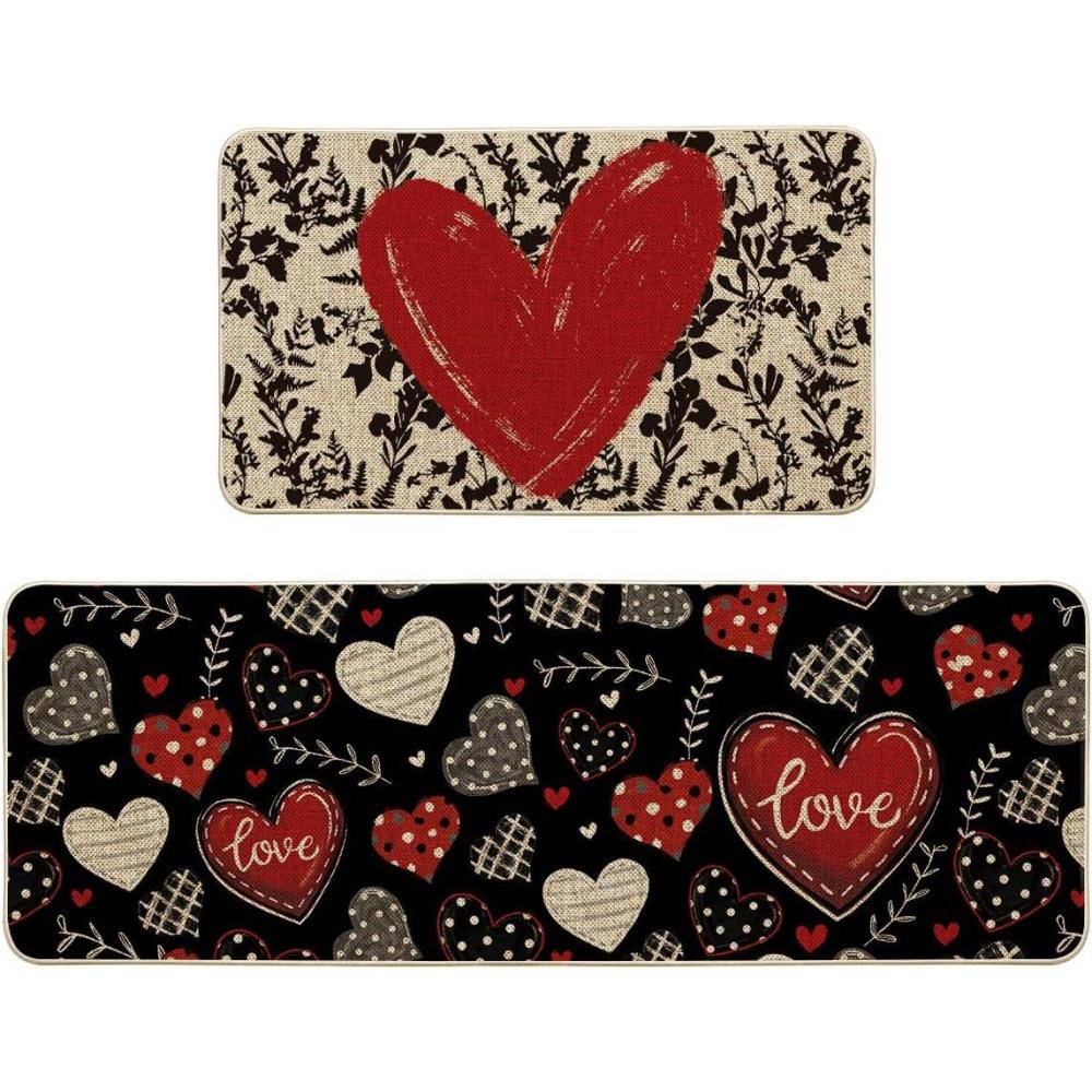 image:imageArtoid Mode Classic Button Heart Valentines Kitchen Mats Set of 2 LowProfile Home Decor Kitchen Rugs for Floor 17x29 and 17x47 Inch