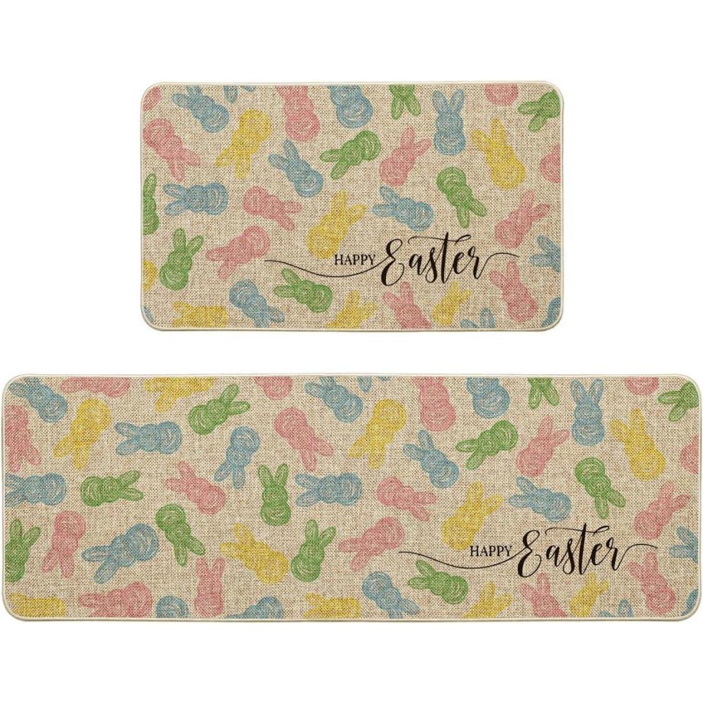 image:imageArtoid Mode Colorful Bunny Happy Easter Kitchen Mats Set of 2 Home Seasonal Spring Easter Holiday Holiday Party Floor Mat 17x29 and 17x47 InchBeige