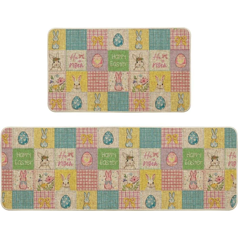 image:imageArtoid Mode Colorful Checkered Bunny Happy Easter Kitchen Mats Set of 2 Home Seasonal Spring Easter Holiday Party Floor Mat 17x29 and 17x47 Inch