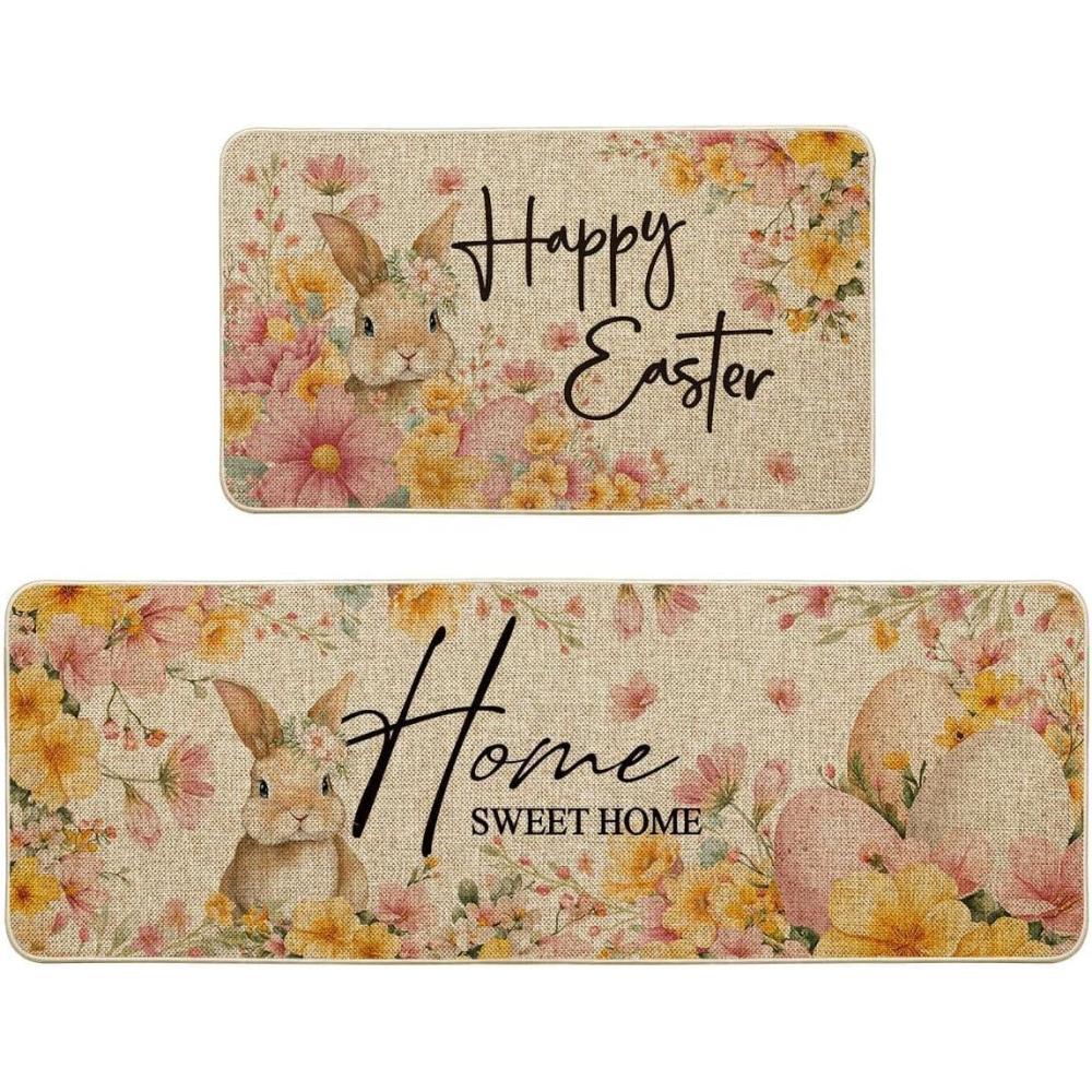 image:imageArtoid Mode Eggs Rabbits Bunny Flowers Decorative Happy Easter Kitchen Mats Set of 2 Home Seasonal Spring Easter Floor Mat  17x29 and 17x47 Inch