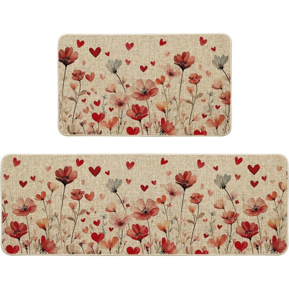 image:imageArtoid Mode Floral Heart Flowers Valentines Kitchen Mats Set of 2 LowProfile Home Decor Kitchen Rugs for Floor 17x29 and 17x47 Inch