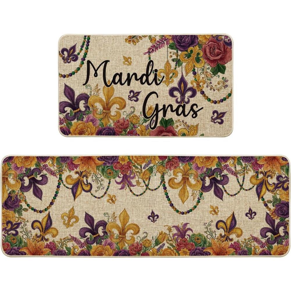 image:imageArtoid Mode Flowers Irises Mardi Gras Kitchen Mats Set of 2 Carnival Home Decor LowProfile Kitchen Rugs for Floor  17x29 and 17x47 Inch