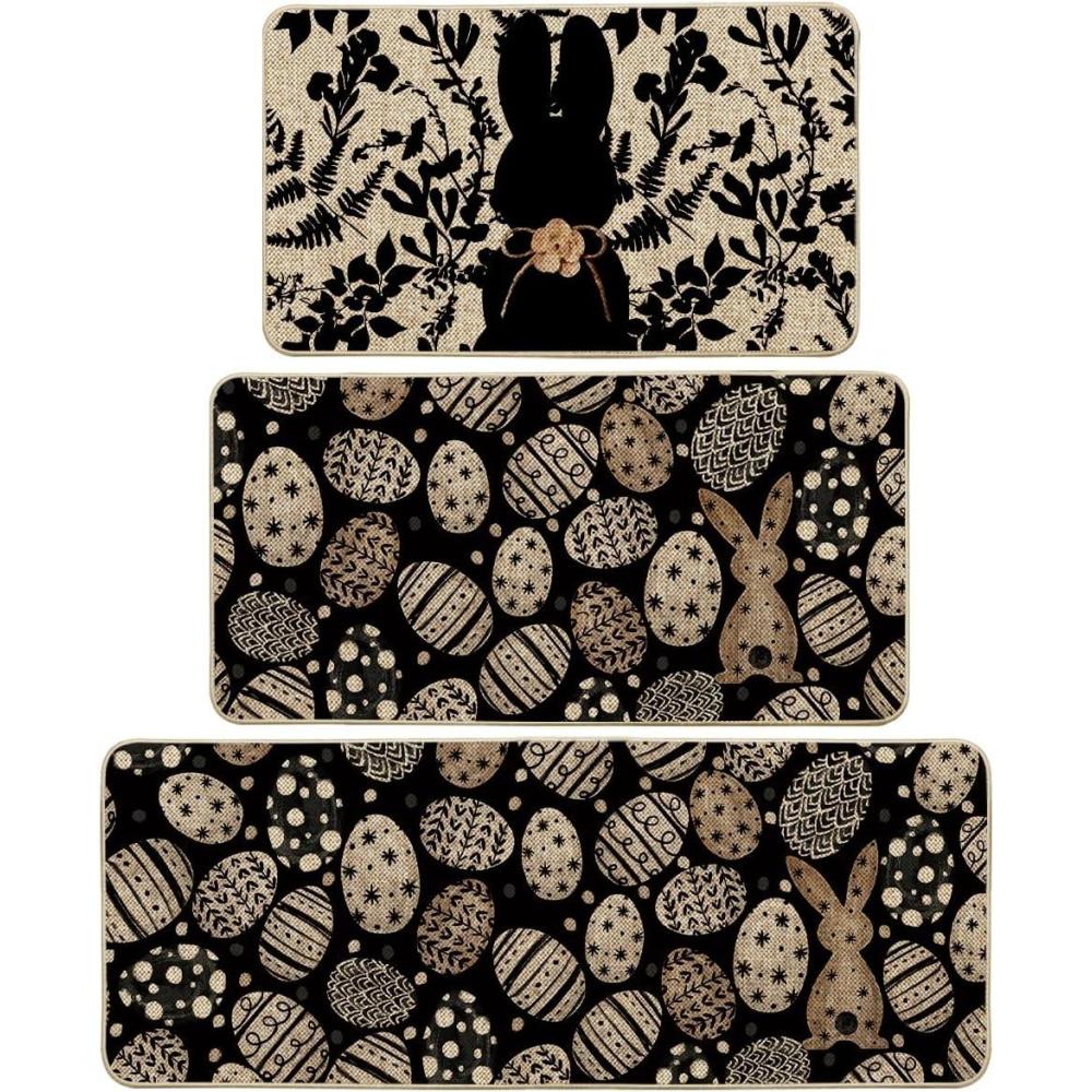 image:imageArtoid Mode Pink Bunny Egg Leaves Easter Kitchen Mats Set of 2 Spring Home Decor LowProfile Kitchen Rugs for Floor 17x29 and 17x47 InchBlack