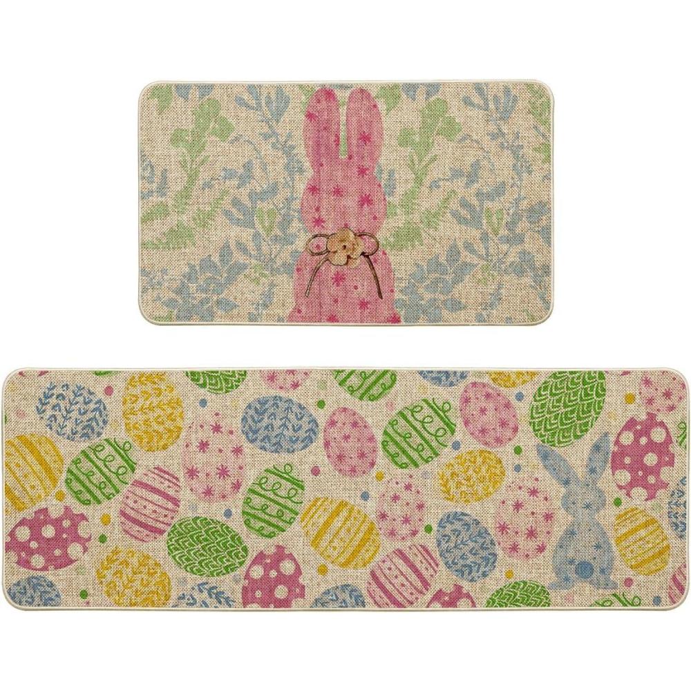 image:imageArtoid Mode Pink Bunny Egg Leaves Easter Kitchen Mats Set of 2 Spring Home Decor LowProfile Kitchen Rugs for Floor 17x29 and 17x47 InchPink