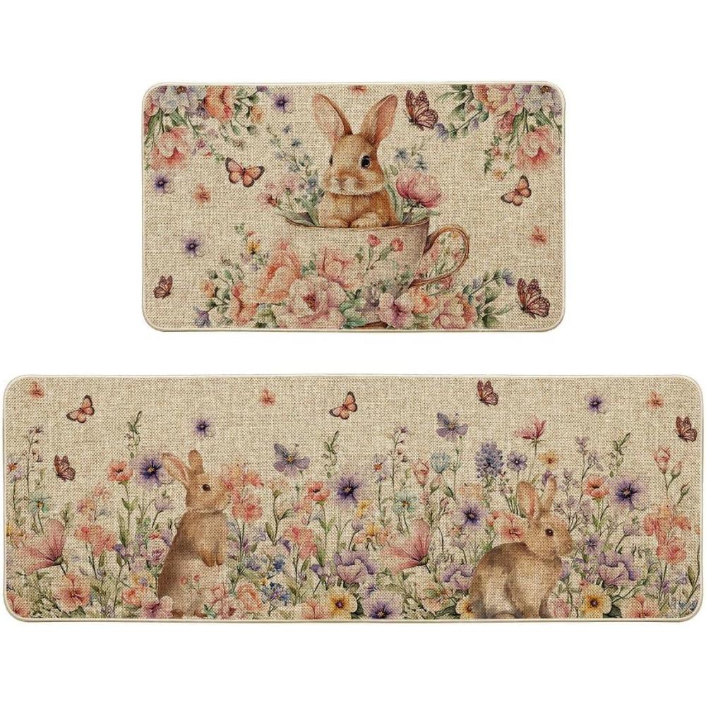 image:imageArtoid Mode Rabbit Bunny Butterfly Flowers Cup Eggs Easter Kitchen Mats Set of 2 Spring Home Decor Kitchen Rugs for Floor 17x29 and 17x47 Inch