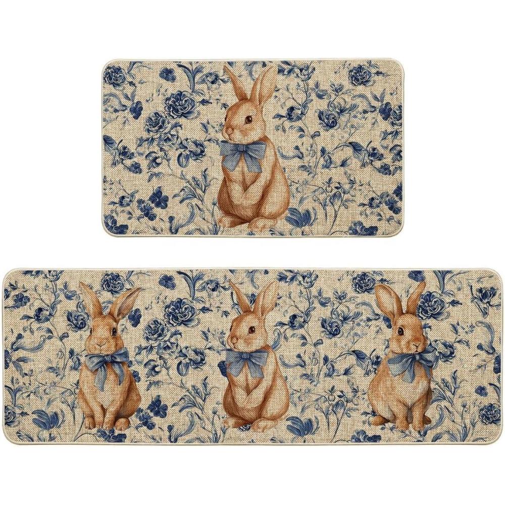 image:imageArtoid Mode Rabbit Bunny Chinoiserie Flowers Easter Kitchen Mats Set of 2 Spring Home Decor LowProfile Kitchen Rugs for Floor 17x29 and 17x47 Inch