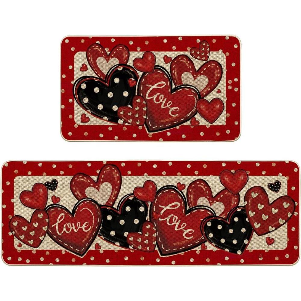 image:imageArtoid Mode Red Dot Heart Love Valentines Kitchen Mats Set of 2 LowProfile Home Decor Kitchen Rugs for Floor 17x29 and 17x47 Inch