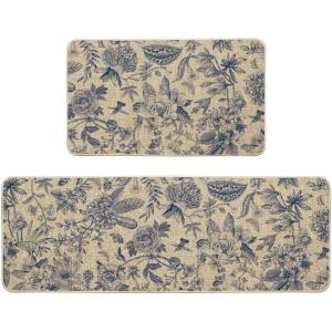 Artoid Mode Blue Floral Flowers Spring Kitchen Mats Set of 2, Home Decor Low-Profile Kitchen Rugs for Floor – 17×29 and 17×47 Inch