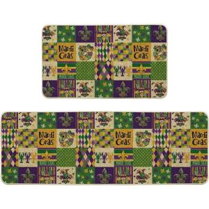 Artoid Mode Buffalo Plaid Doughnut Beads Lobster Mardi Gras Kitchen Mats Set of 2, Carnival Home Decor Low-Profile Kitchen Rugs for Floor – 17×29 and 17×47 Inch