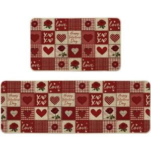 Artoid Mode Buffalo Plaid Love Hearts Valentines Kitchen Mats Set of 2, Low-Profile Home Decor Kitchen Rugs for Floor – 17×29 and 17×47 Inch