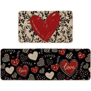 Artoid Mode Classic Button Heart Valentines Kitchen Mats Set of 2, Low-Profile Home Decor Kitchen Rugs for Floor – 17×29 and 17×47 Inch