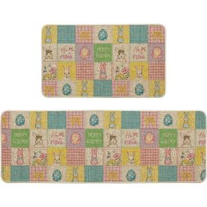 Artoid Mode Colorful Checkered Bunny Happy Easter Kitchen Mats Set of 2, Home Seasonal Spring Easter Holiday Party Floor Mat – 17×29 and 17×47 Inch