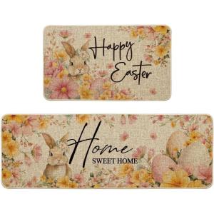 Artoid Mode Eggs Rabbits Bunny Flowers Decorative Happy Easter Kitchen Mats Set of 2, Home Seasonal Spring Easter Floor Mat – 17×29 and 17×47 Inch