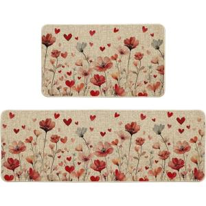 Artoid Mode Floral Heart Flowers Valentines Kitchen Mats Set of 2, Low-Profile Home Decor Kitchen Rugs for Floor – 17×29 and 17×47 Inch