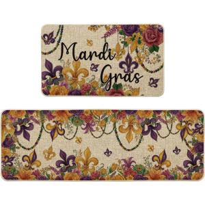 Artoid Mode Flowers Irises Mardi Gras Kitchen Mats Set of 2, Carnival Home Decor Low-Profile Kitchen Rugs for Floor – 17×29 and 17×47 Inch
