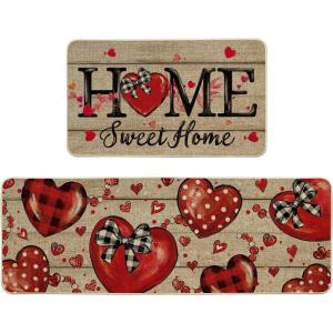 Artoid Mode Home Sweet Home Heart Beads Valentines Kitchen Mats Set of 2, Low-Profile Home Decor Kitchen Rugs for Floor – 17×29 and 17×47 Inch