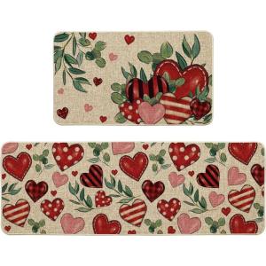 Artoid Mode Leaves Heart Valentines Kitchen Mats Set of 2, Low-Profile Home Decor Kitchen Rugs for Floor – 17×29 and 17×47 Inch