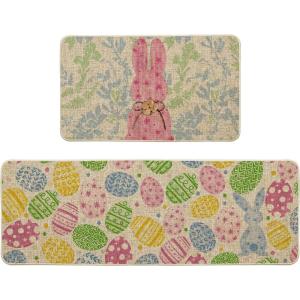 Artoid Mode Pink Bunny Egg Leaves Easter Kitchen Mats Set of 2, Spring Home Decor Low-Profile Kitchen Rugs for Floor – 17×29 and 17×47 Inch(Pink)