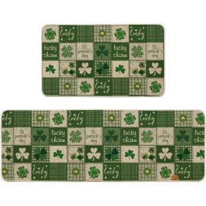 Artoid Mode Plaid Shamrock Lucky Charm St. Patrick’s Day Kitchen Mats Set of 2, Home Decor Low-Profile Kitchen Rugs for Floor – 17×29 and 17×47 Inch