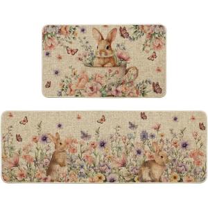 Artoid Mode Rabbit Bunny Butterfly Flowers Cup Eggs Easter Kitchen Mats Set of 2, Spring Home Decor Kitchen Rugs for Floor – 17×29 and 17×47 Inch