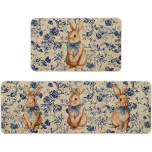 Artoid Mode Rabbit Bunny Chinoiserie Flowers Easter Kitchen Mats Set of 2, Spring Home Decor Low-Profile Kitchen Rugs for Floor – 17×29 and 17×47 Inch