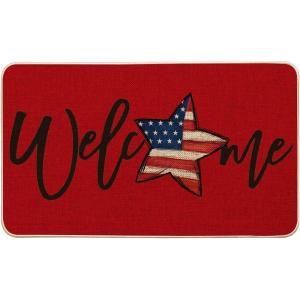 Artoid Mode Red American Flag Stars Memorial Day Welcome Doormat, 4th of July Patriotic Liberty Low-Profile Yard Floor Switch Mat for Indoor Outdoor 17 x 29 Inch