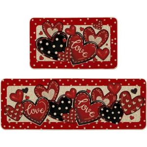 Artoid Mode Red Dot Heart Love Valentines Kitchen Mats Set of 2, Low-Profile Home Decor Kitchen Rugs for Floor – 17×29 and 17×47 Inch