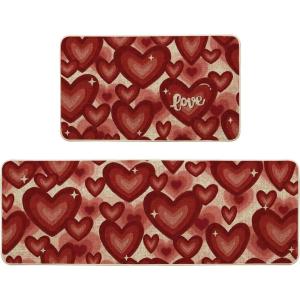 Artoid Mode Red Love Heart Valentines Kitchen Mats Set of 2, Low-Profile Home Decor Kitchen Rugs for Floor – 17×29 and 17×47 Inch